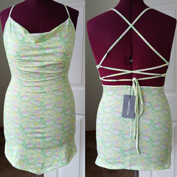 PrettyLittleThing Lime Ditzy Print Lace Up Back Shift Dress sz 4 mini halter NOS - Picture 1 of 16